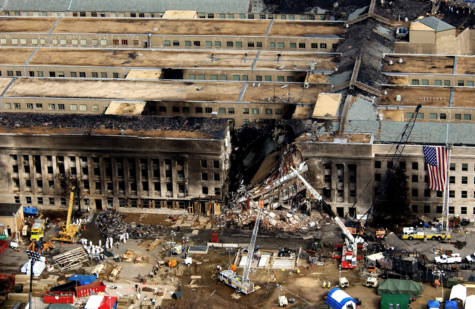 section of a building damaged by fire from an airplane that crashed into it