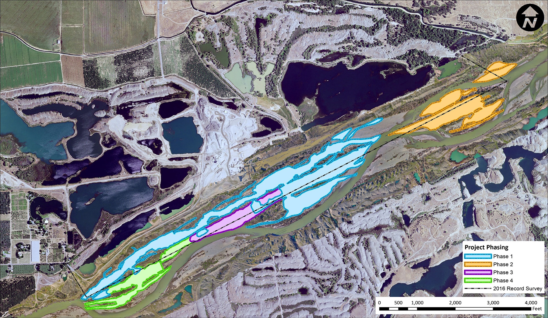 map shows different phases of a project. phase 1 is in blue, phase 2 is in orange, phase 3 is in purple, and phase 4 is in green. the 2016 record survey is represented by a black dotted line