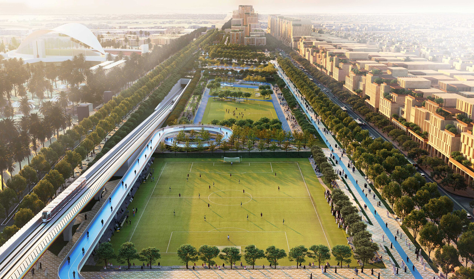 aerial view of sports field among urban setting